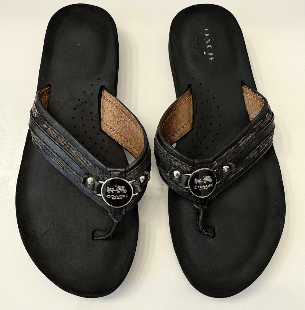 Coach Signature Jasmine Leather Metal Flip Flop Sandal Black Women’s Size 6B